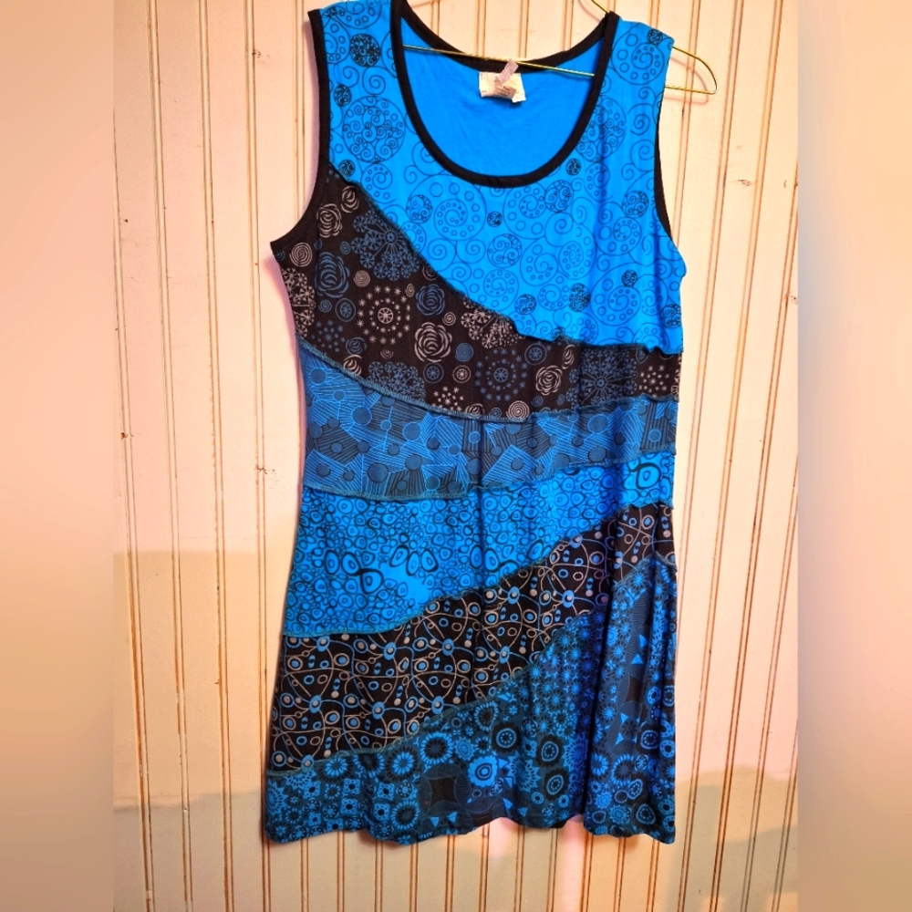 Blue and Black Patterned Sleeveless Dress